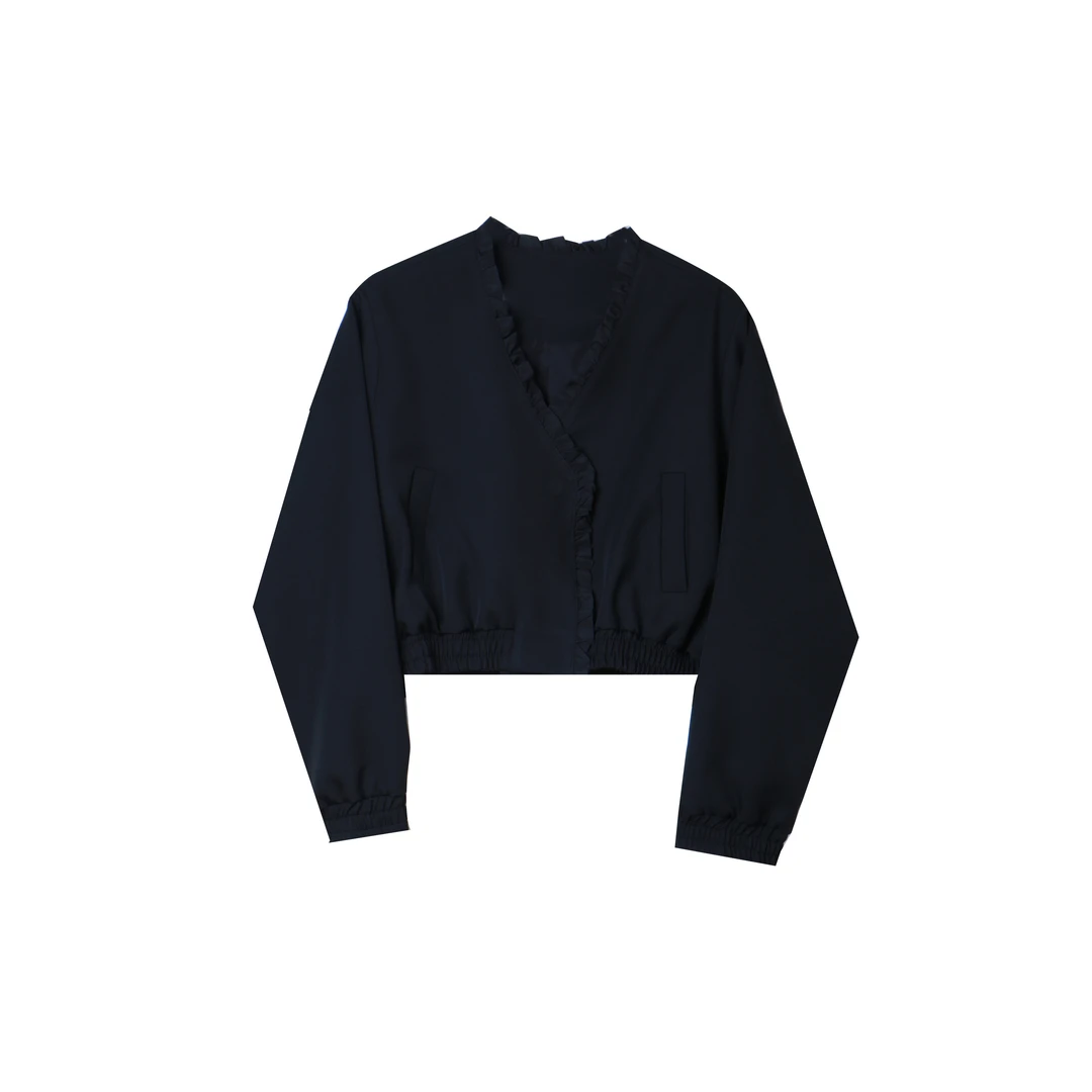 欧韩设计感木耳边时尚减龄宽松显瘦V领开衫女短外套SY253