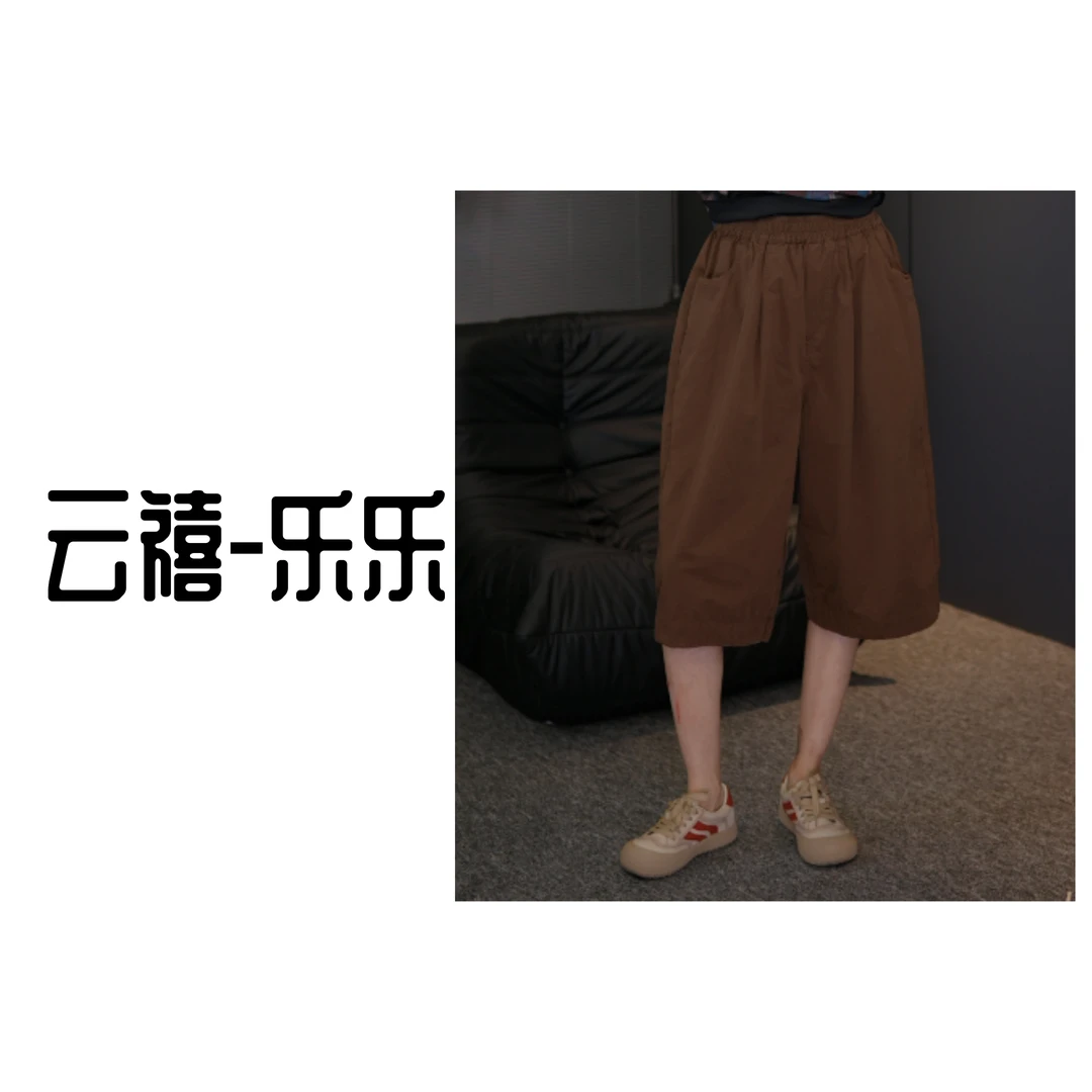 9379夏季纯色七分裤松紧腰阔腿裤休闲百搭时尚短裤