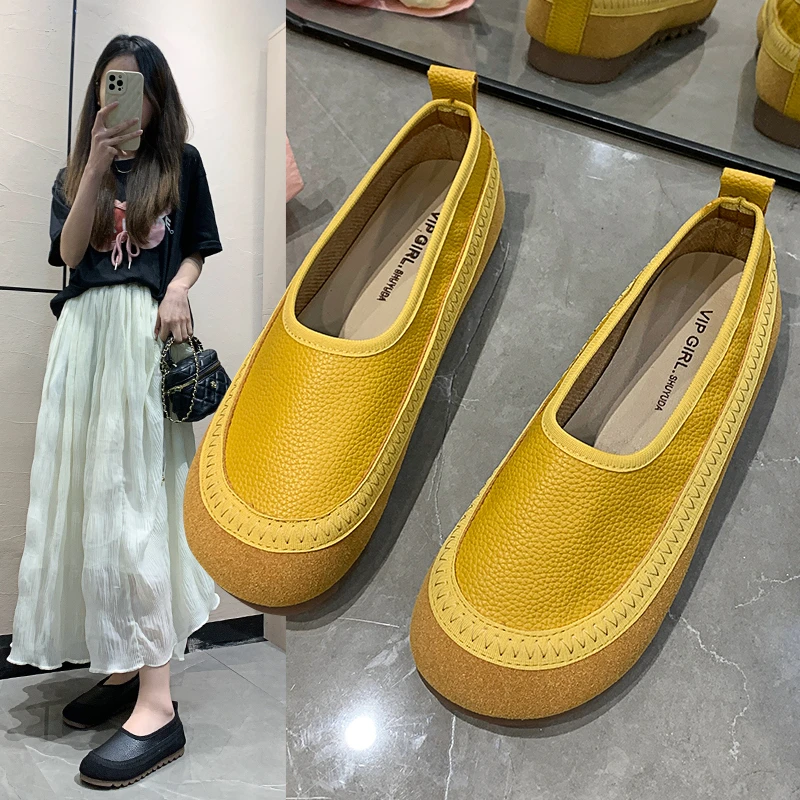 乐福鞋圆头一脚蹬舒适休闲单鞋方头软底春季豆豆鞋鞋子平底夏季