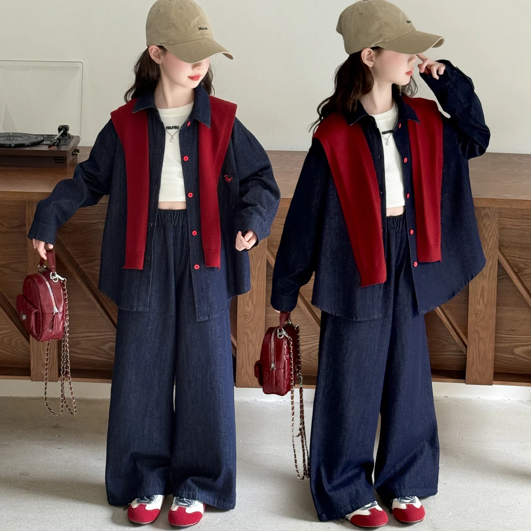 童装女童秋装牛仔套装披肩2025新款6-12岁中大童洋气女孩春秋款潮