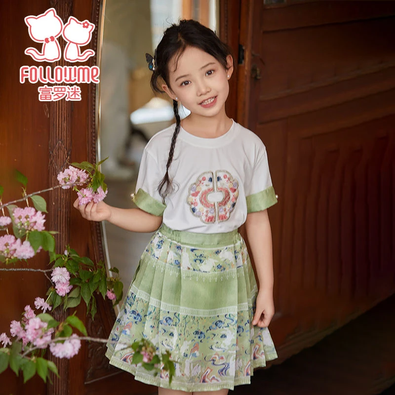 富罗迷女童套装新款儿童国风新中式短袖短裙时尚2件套F4B9840T