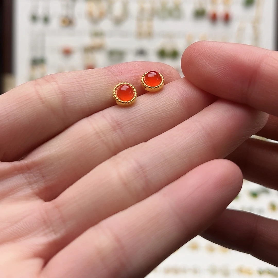 银S925镀金镶嵌和田玉耳饰