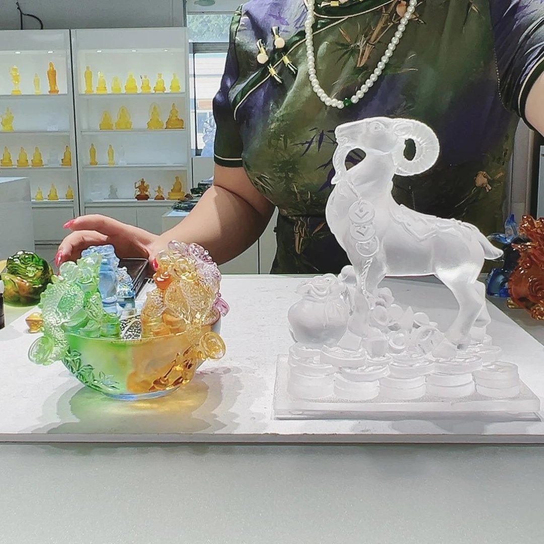 【闪购商品】手工艺品琉璃明**光四方金蝉聚宝盆➕生肖羊