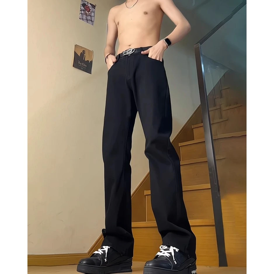 纯黑色加绒牛仔裤男款皮带款美式高街vibe裤子修身直筒弯刀微喇裤
