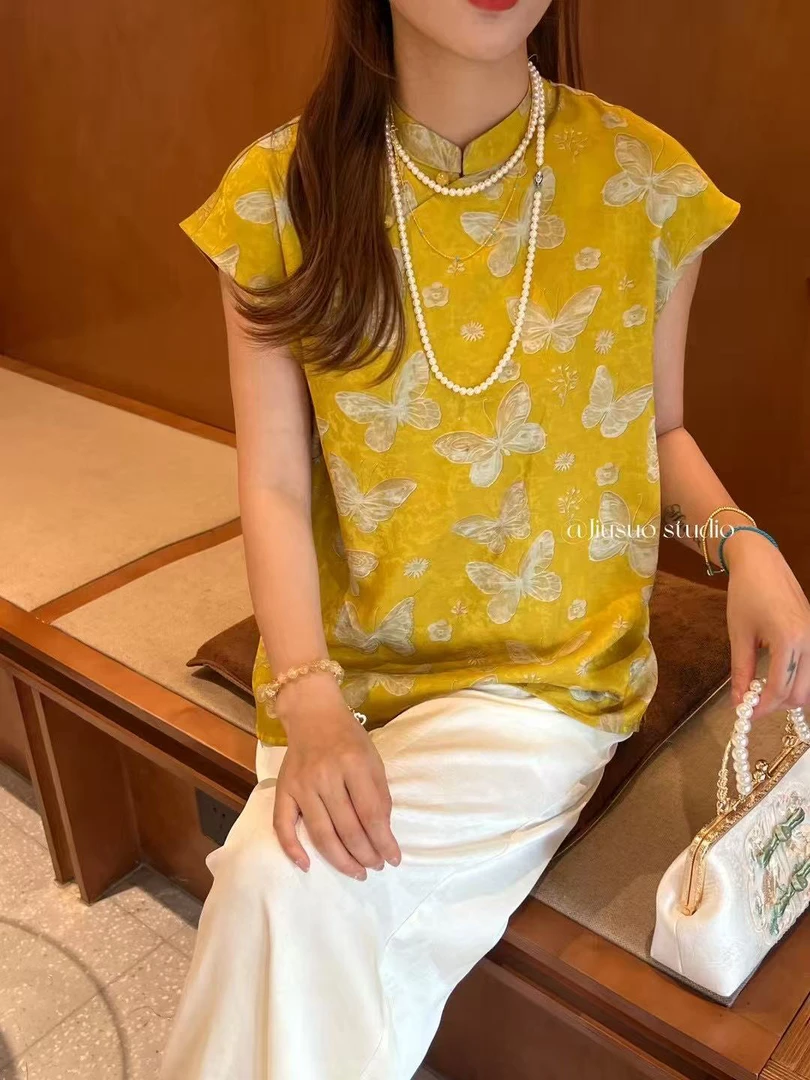 新中式拼接印花斜襟短袖夏季衬衫圆领黄色国风提花