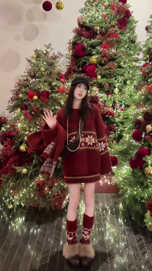 2025秋冬新款新年氛围感费尔岛宽松圆领毛衣休闲高腰短裙两件套女