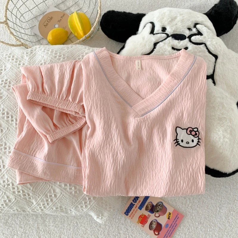 粉口袋猫云朵棉睡衣春夏秋季女爆款2025新款家居服套装V领短袖裤