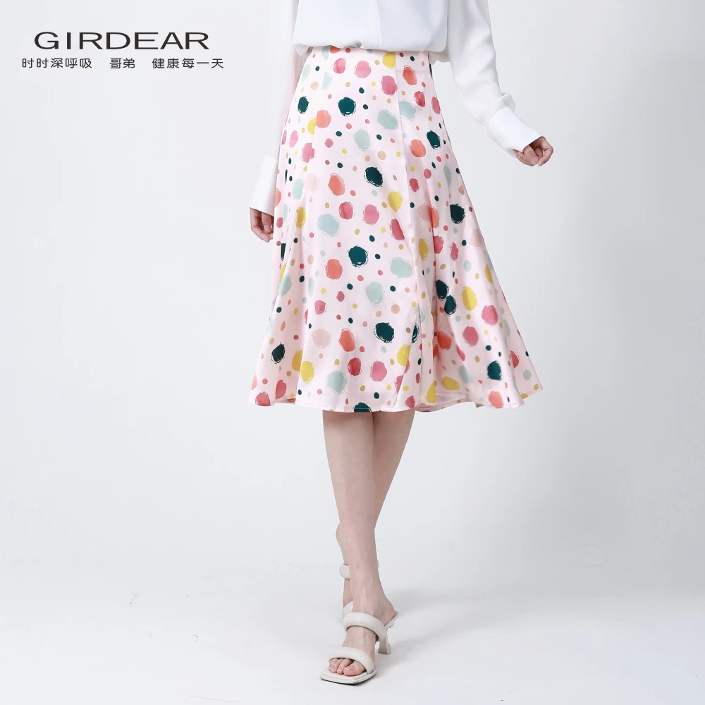 GIRDEAR/哥弟夏季新款时尚优雅显瘦薄款彩虹波点印花半身裙120006