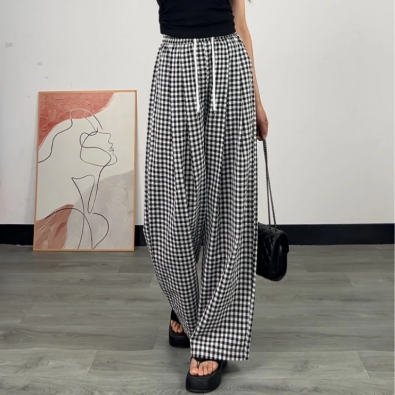 黑白格子阔腿裤女2025夏季薄款高腰垂感高个子加长显瘦山本休闲裤