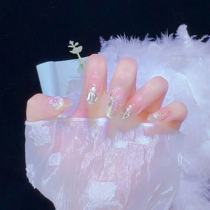 【花瓣月影】新中式纯手工爆闪猫眼穿戴式美甲雕花腮红气质美甲贴片