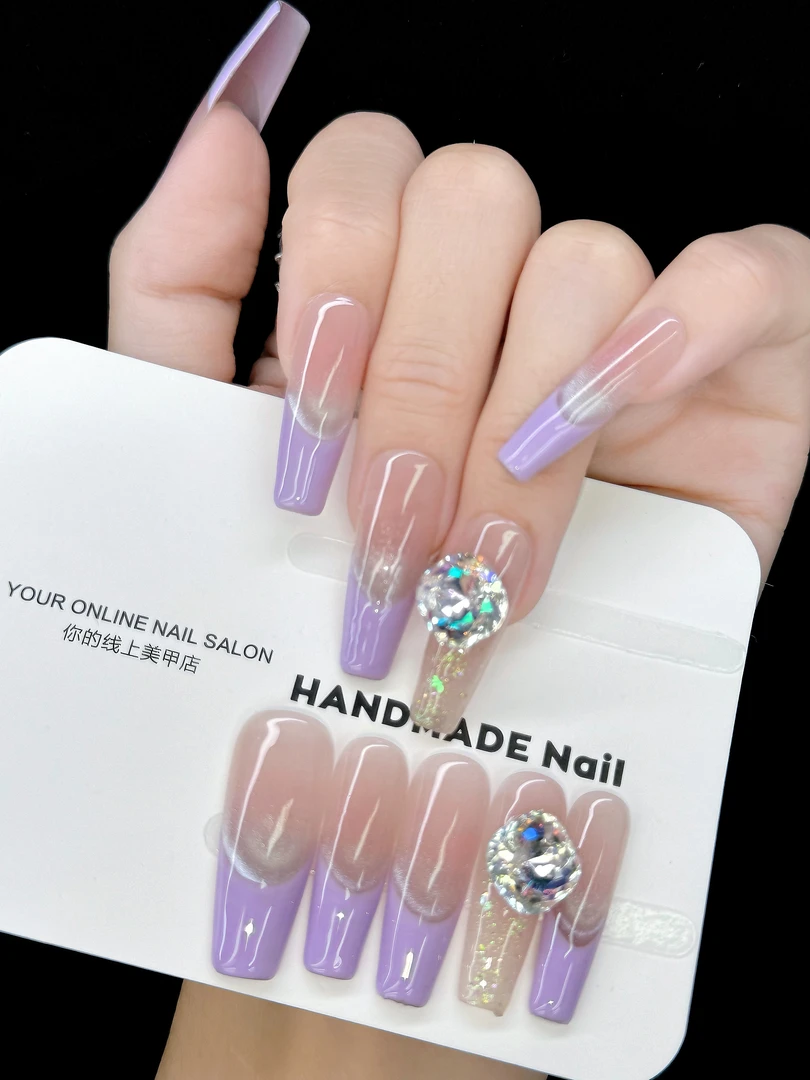 【致己2】纯手工尖圆访华钻紫色渐变法式气质纯欲成品穿戴甲