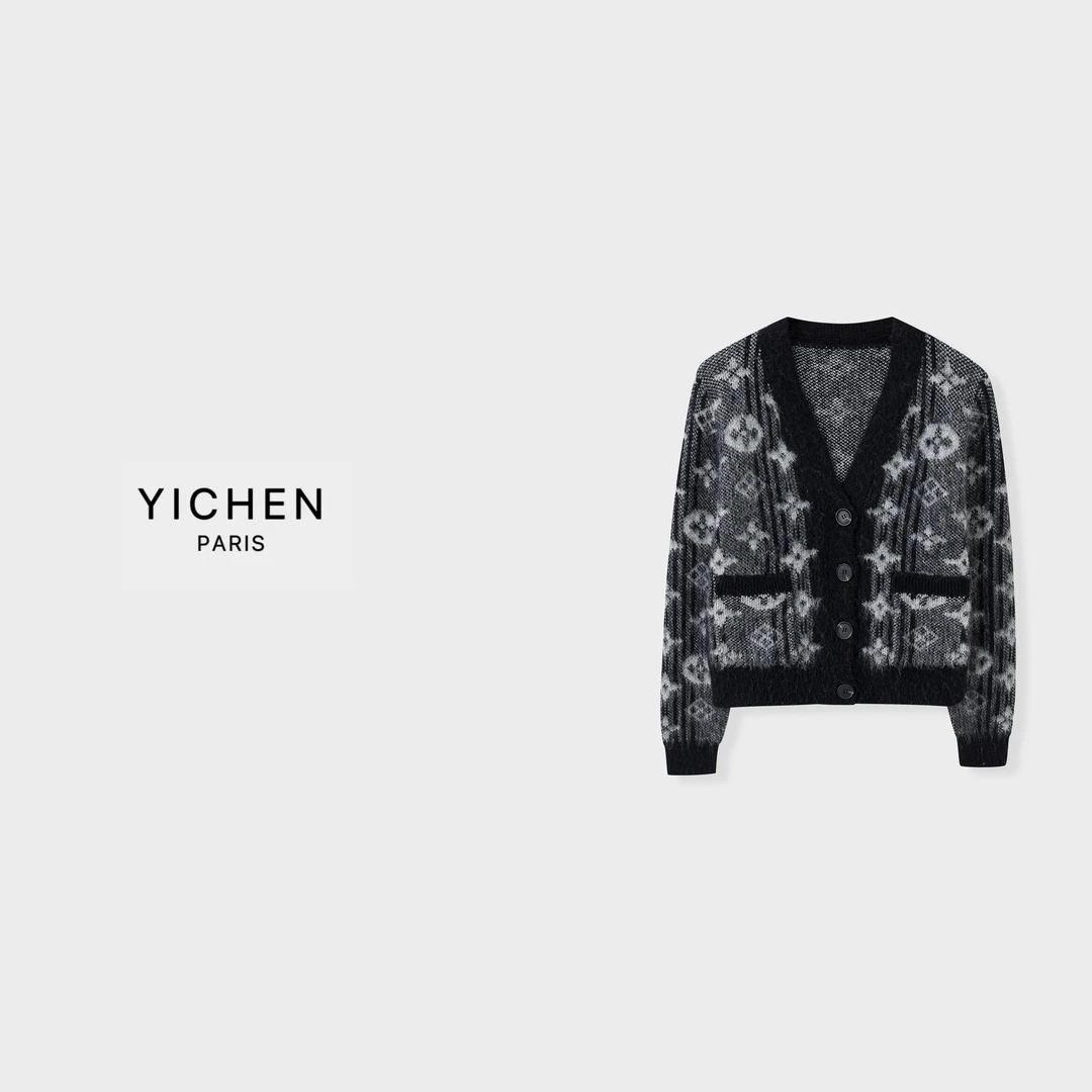 YC 黑灰色徽标提花挂毛V领针织外套-2914