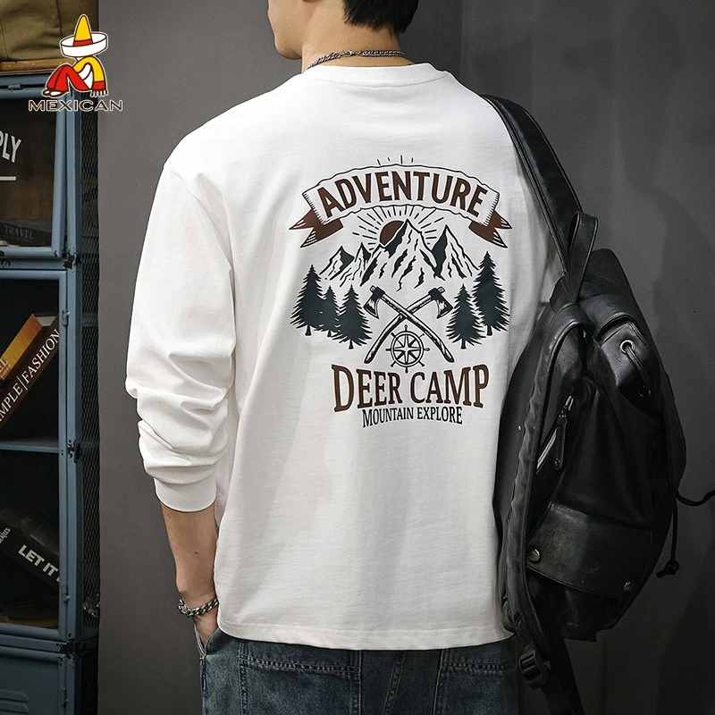 Mexican/稻草人秋季305g重磅纯棉长袖T恤男士美式休闲打底衫上衣t