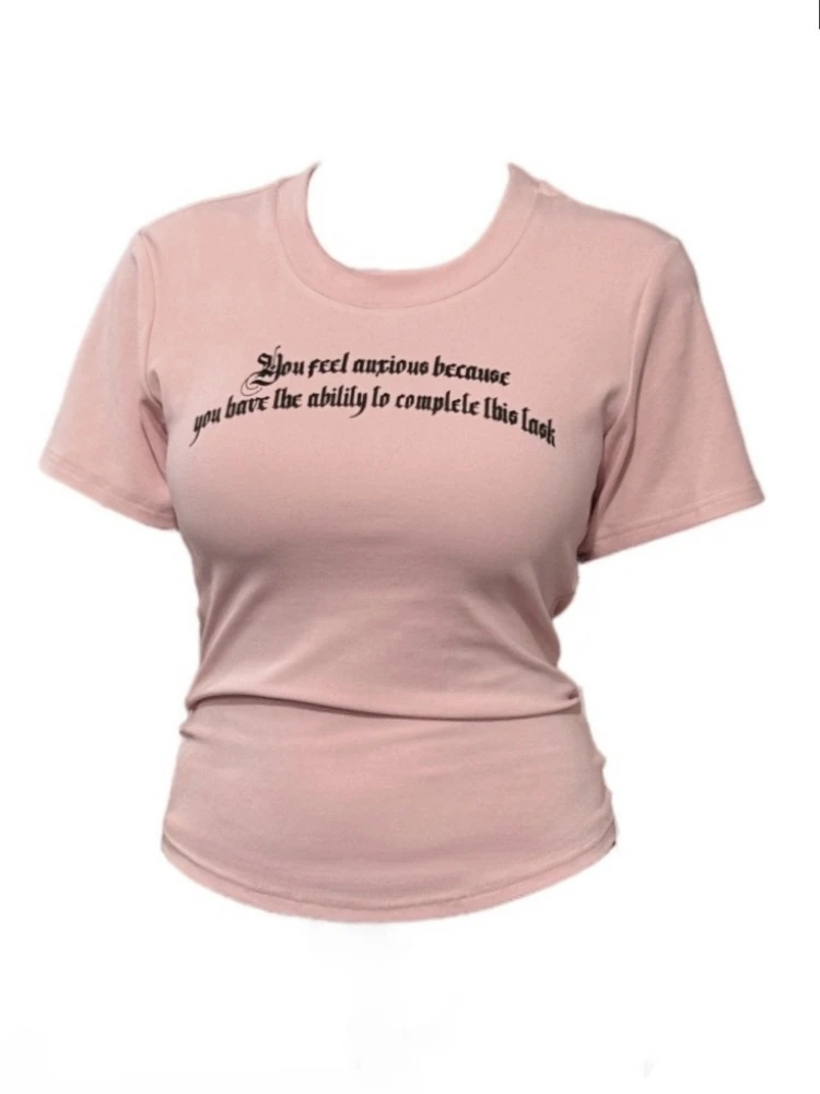 【Amy家】微胖mm哥特风印花短袖T恤女夏季设计感修身显瘦辣妹风上衣