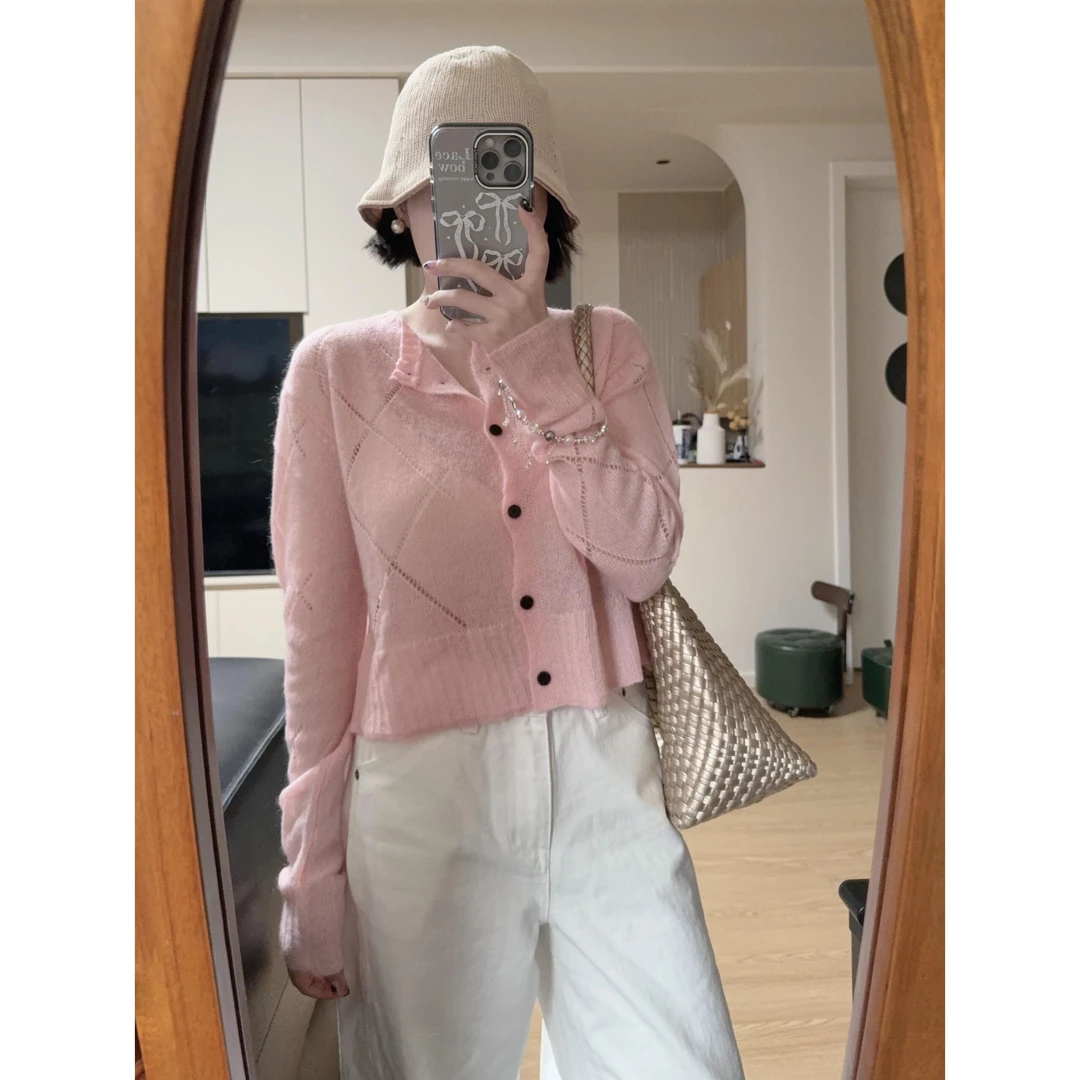 2025秋季新款粉色菱格毛针织开衫毛衣慵懒高级感韩系穿搭上衣