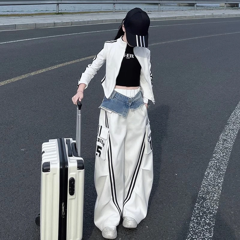 女童工装裤春秋新款中大童韩版宽松拼接牛仔休闲裤子帅气街舞长裤