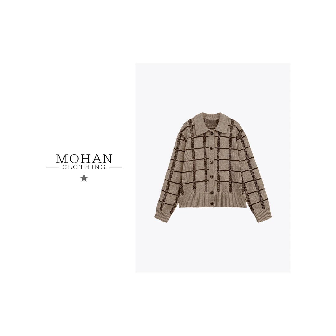 冬季新品格子纯色宽松百搭针织开衫上衣外套SF25206