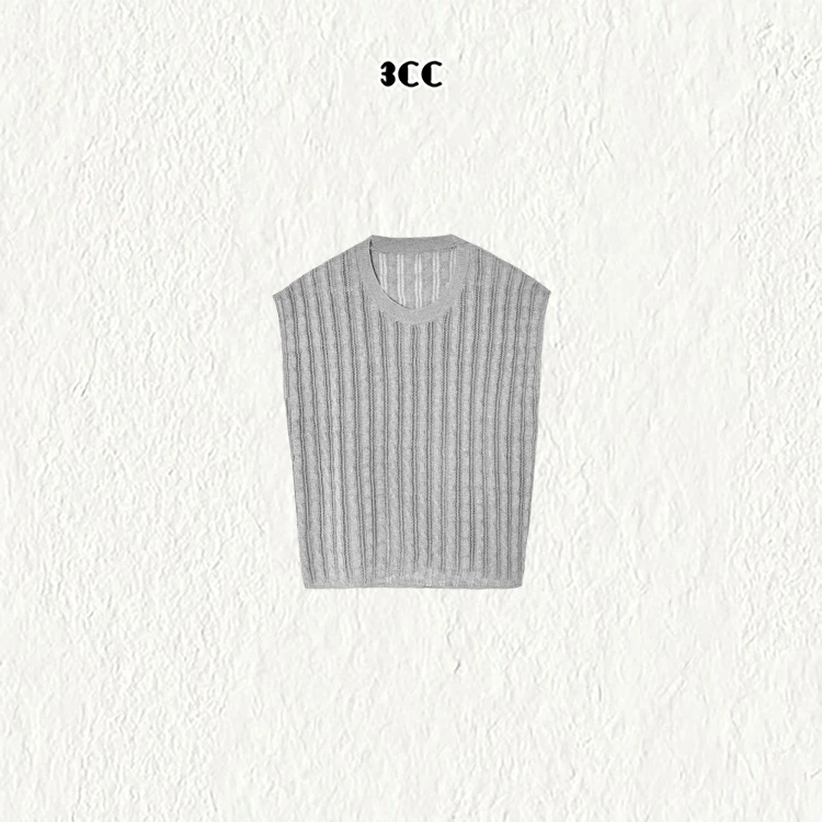 3CC【午后】凉感莱赛尔亚麻混纺绞花马甲极简风小飞袖背心89060