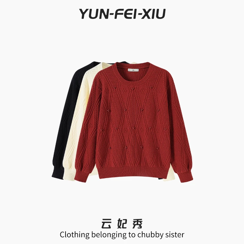 云妃秀大码女装针织衫时尚休闲胖妹妹显瘦宽松圆领上衣冬季76009