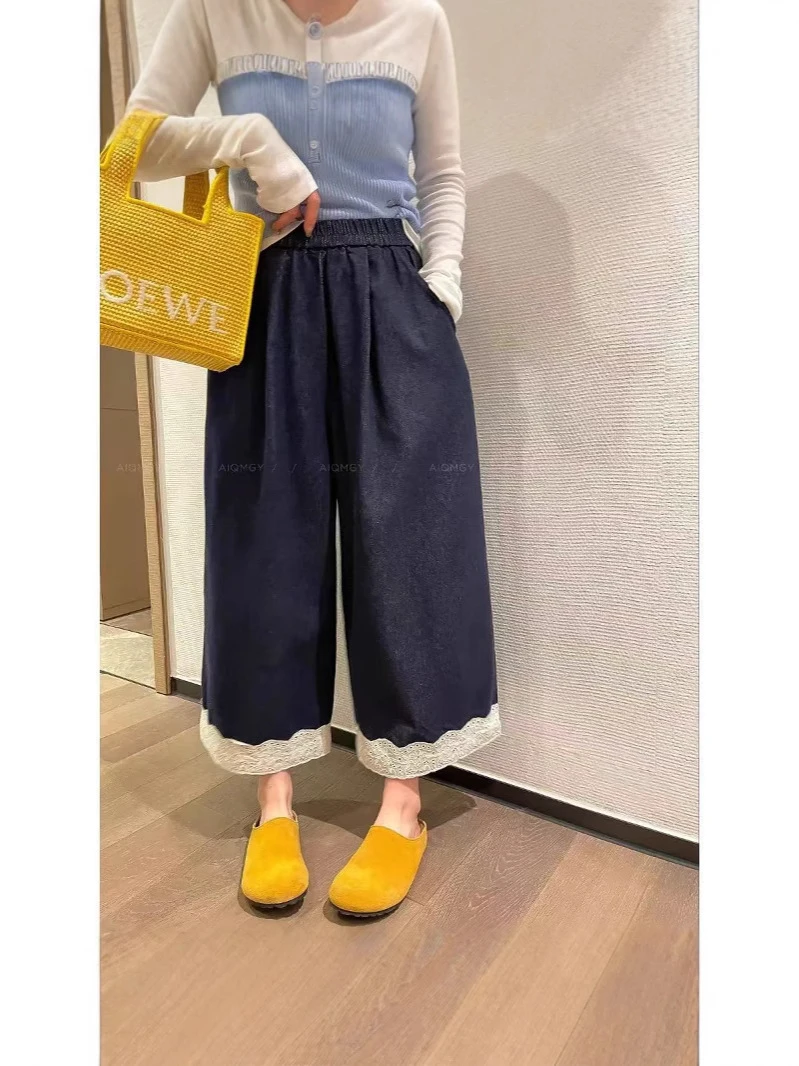 2025夏季儿童薄款蕾丝牛仔裤女童九分阔腿裤宽松显瘦直筒休闲裤潮