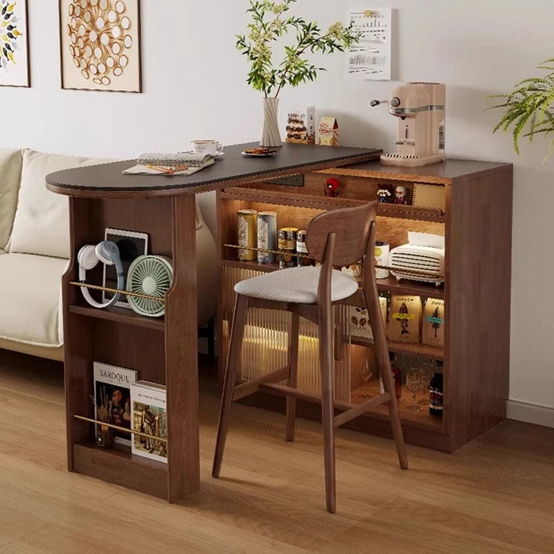 实木吧台黑胡桃木岩板餐桌客厅家用一体小户型隔断可伸缩玄关岛台