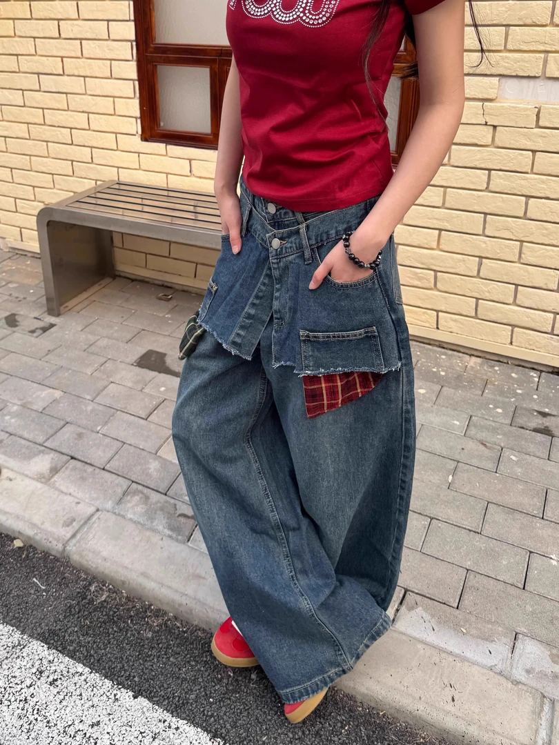 A1MP美式复古解构拼接格子双腰头弯刀牛仔裤男女款设计感阔腿长裤