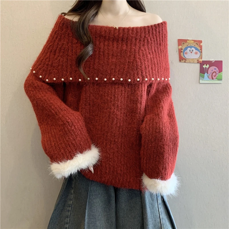2025新款网红爆款红色钉珠毛衣针织衫大码女装胖mm冬季一字肩上衣