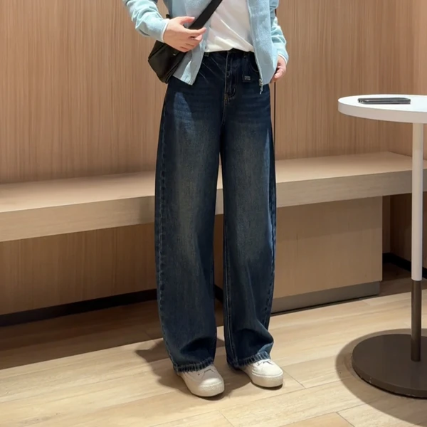 复古蓝阔腿牛仔裤女2025新款秋季深色显瘦宽松弯刀裤百搭直筒裤子