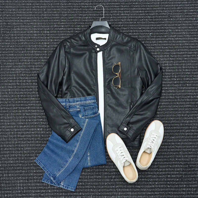 There isrice休闲立领PU软皮衣男士骑行黑色机车服皮夹克外套男