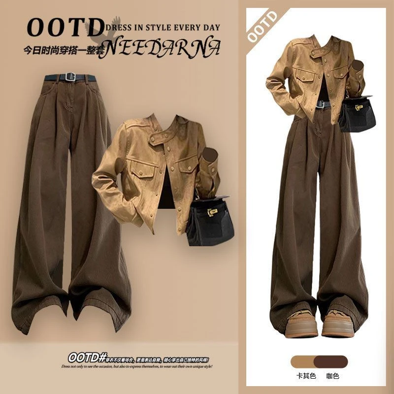 韩系氛围感穿搭女秋季2025新款潮流气质短款外套高腰阔腿裤两件套