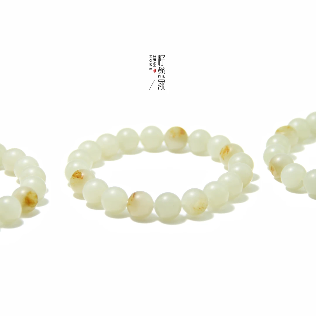 天然新疆和田玉原皮凝脂料圆珠手串10mm（多样性发其一）