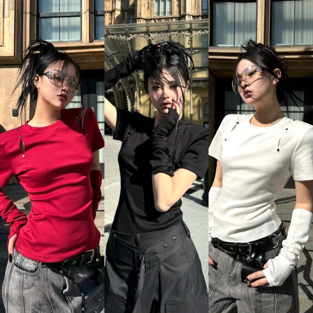 Blackgirl新款【硬核少女】百搭夏高弹力显瘦镂空辣妹风短袖打底衫