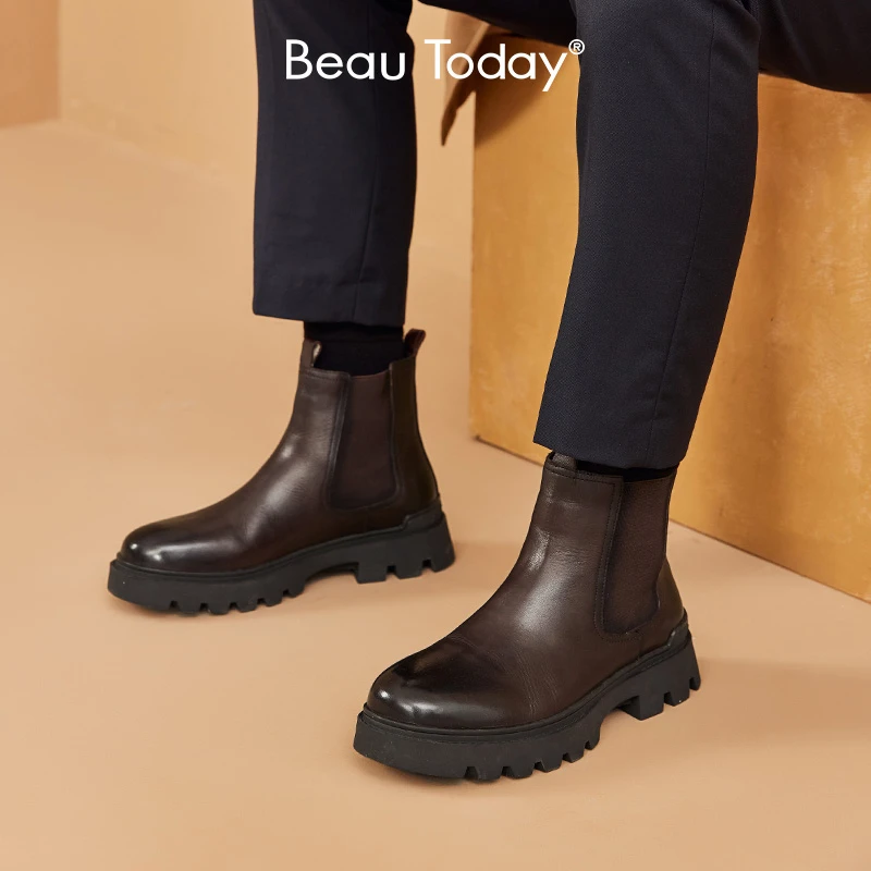 BeauToday切尔西靴男士英伦风经典真皮软厚底增高男靴中筒靴百搭