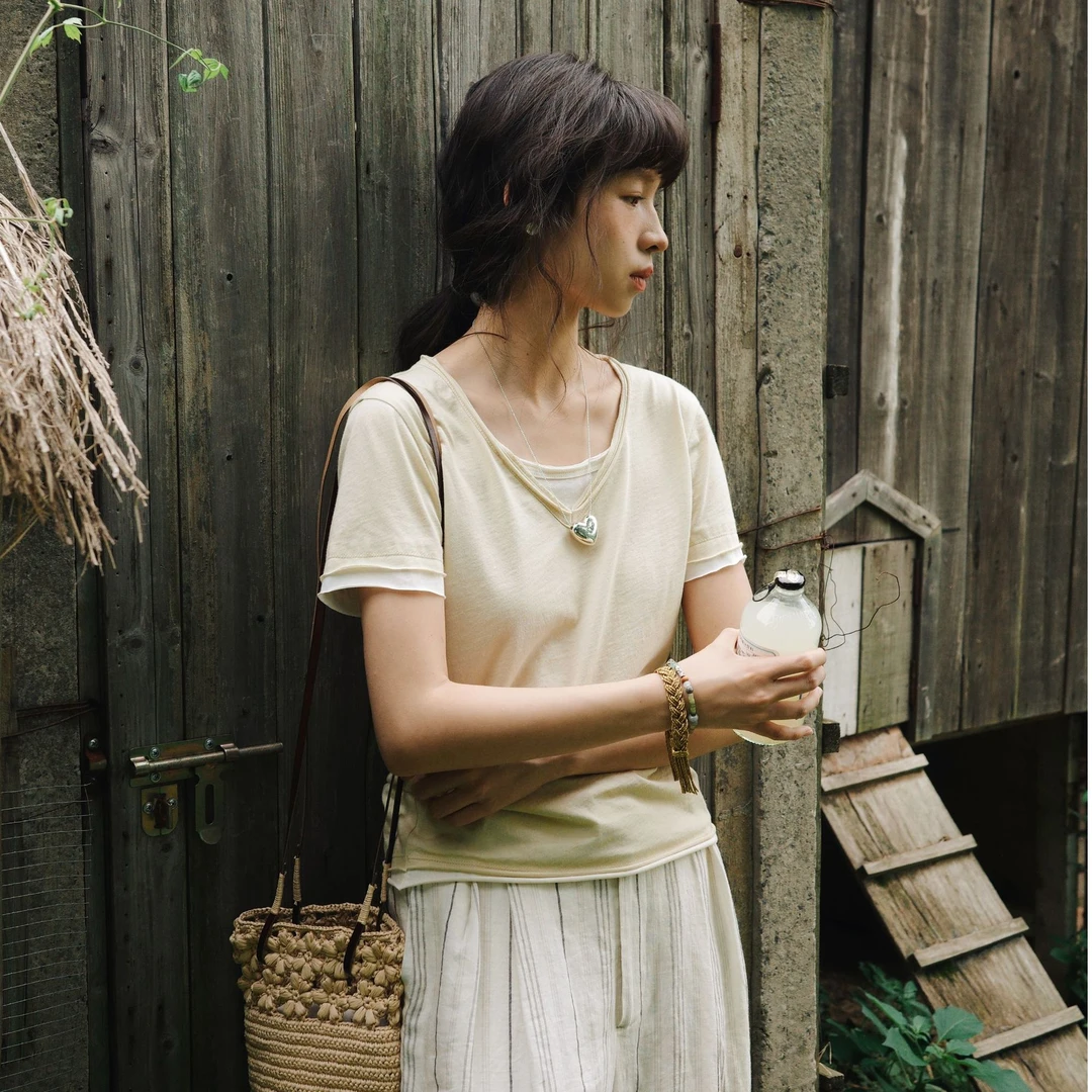 「白描工作间」"柑橘日落"匹马棉假两件卷边v领短袖t恤女上衣