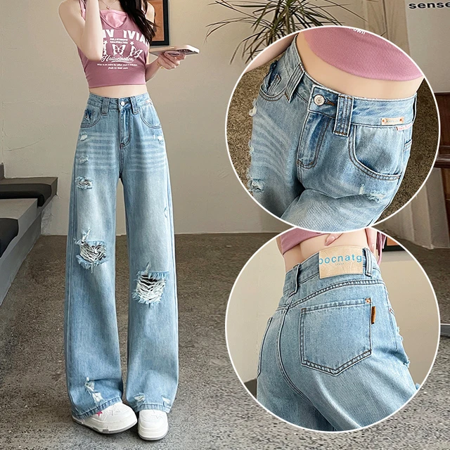 浅色破洞阔腿牛仔裤女2025夏季薄款宽松梨形身材显瘦拖地乞丐潮裤