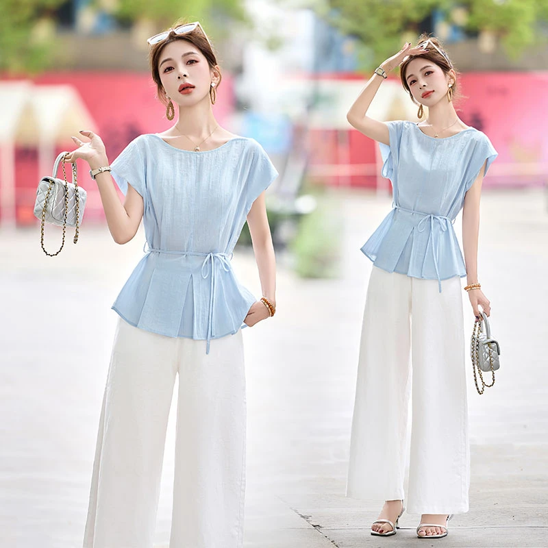 休闲系带衬衫套装女2025夏季新款高级感百搭洋气时髦阔腿裤两件套