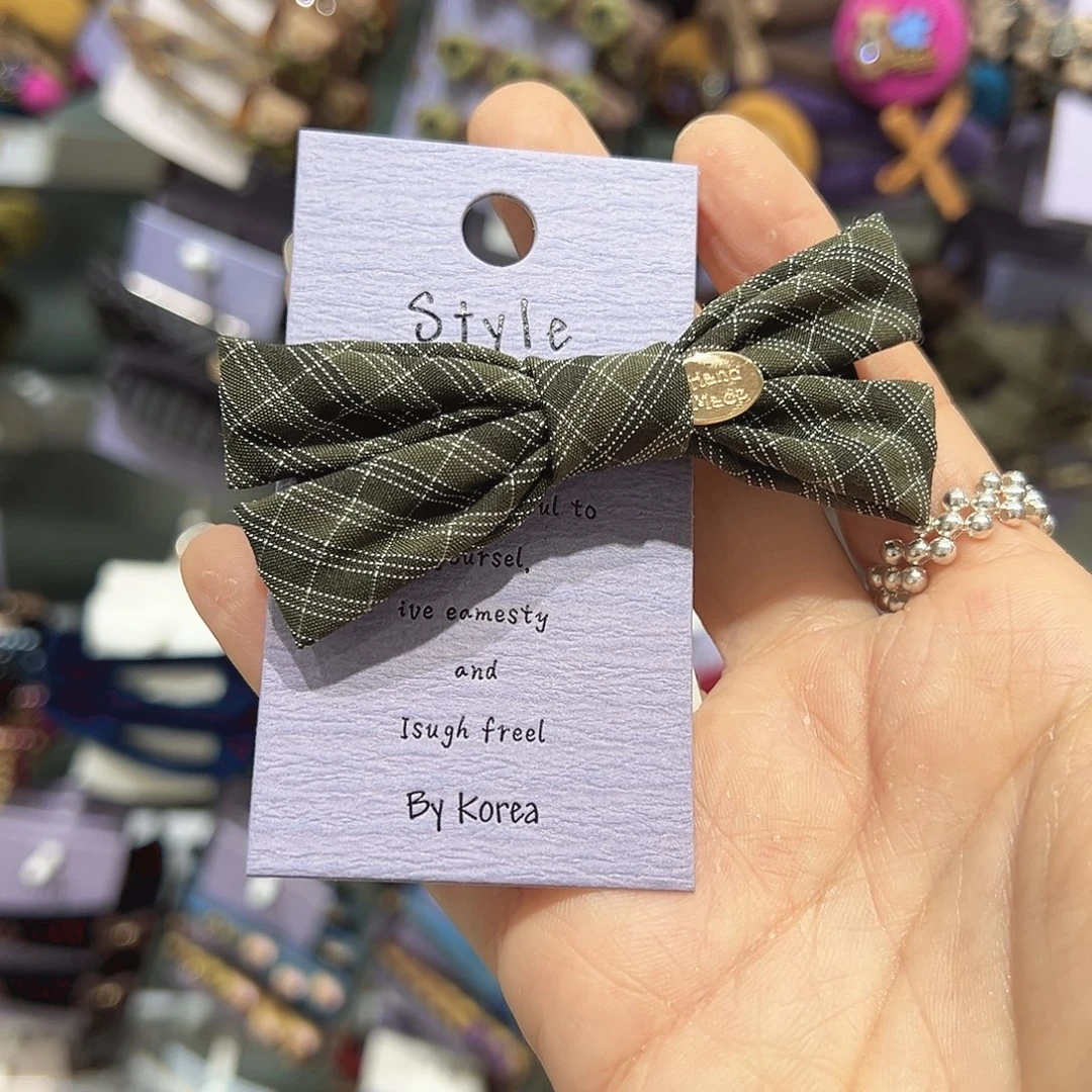 皮质铁合金绿色格子蝴蝶结鸭夹