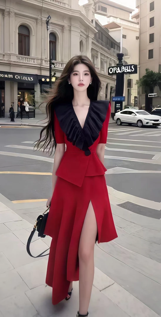 2025夏季新款轻奢优雅时尚知性风红色V领收腰连衣裙女氛围感长裙