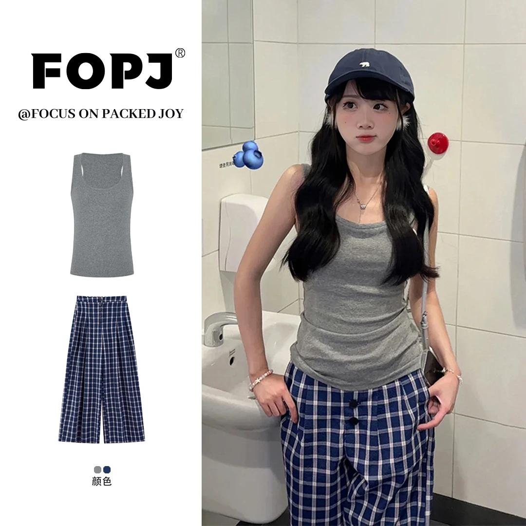 FOPJ夏季新款韩系简约无袖背心格子阔腿裤复古港风两件套套装上衣