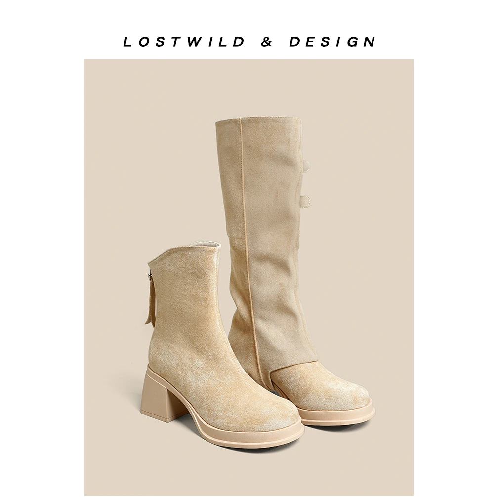 LOSTWILD2025新款冬短靴女可拆卸两穿长筒靴厚底粗跟小个子瘦瘦靴
