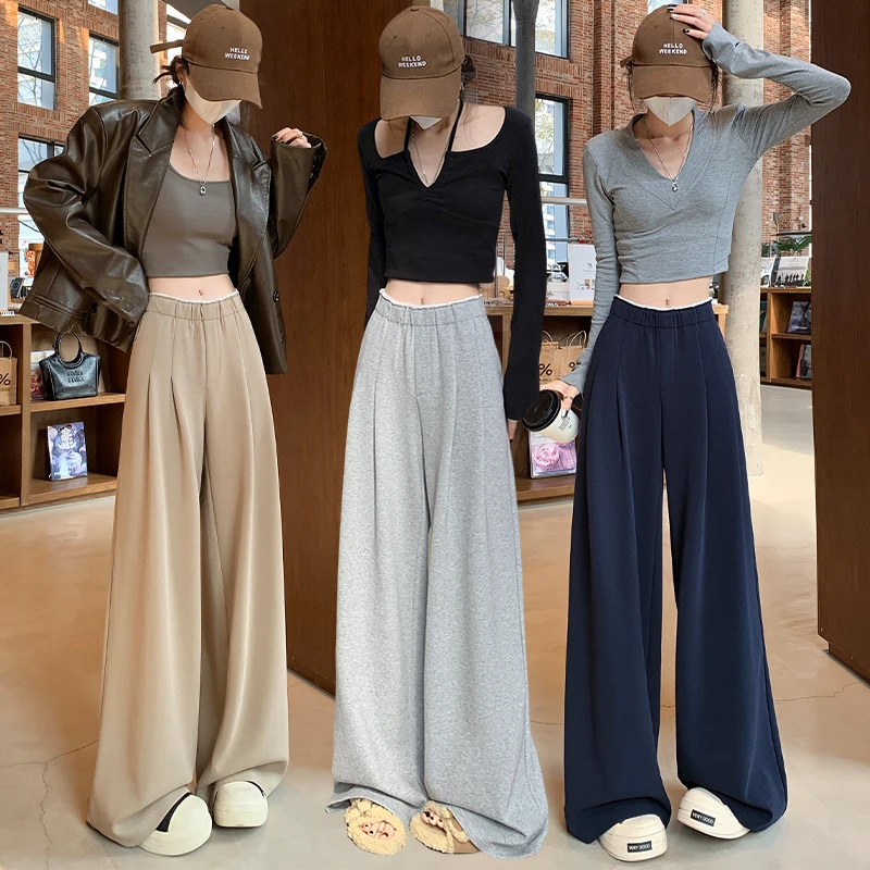 实拍2025春秋新款设计感拼接腰阔腿裤女宽松百搭拖地休闲运动卫裤