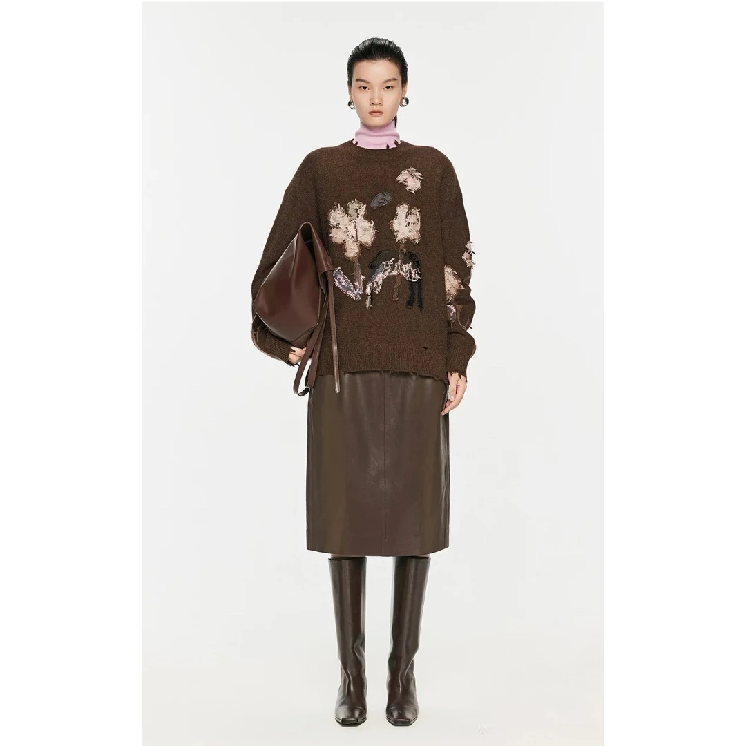 杰瑞【粗针嵌花圆领套衫】温柔慵懒风外穿针织衫女宽松毛衣外套上衣