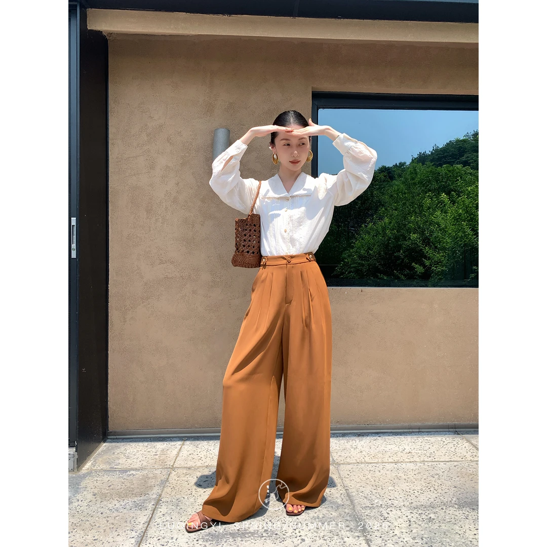 鹭青一原创【黄梅雨】高支垂感斜纹捏褶设计阔腿西装裤L25K7506B