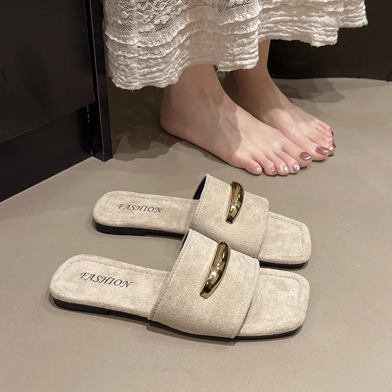法式复古方头平底一字拖鞋女夏外穿2025新款时尚配裙子沙滩凉拖鞋