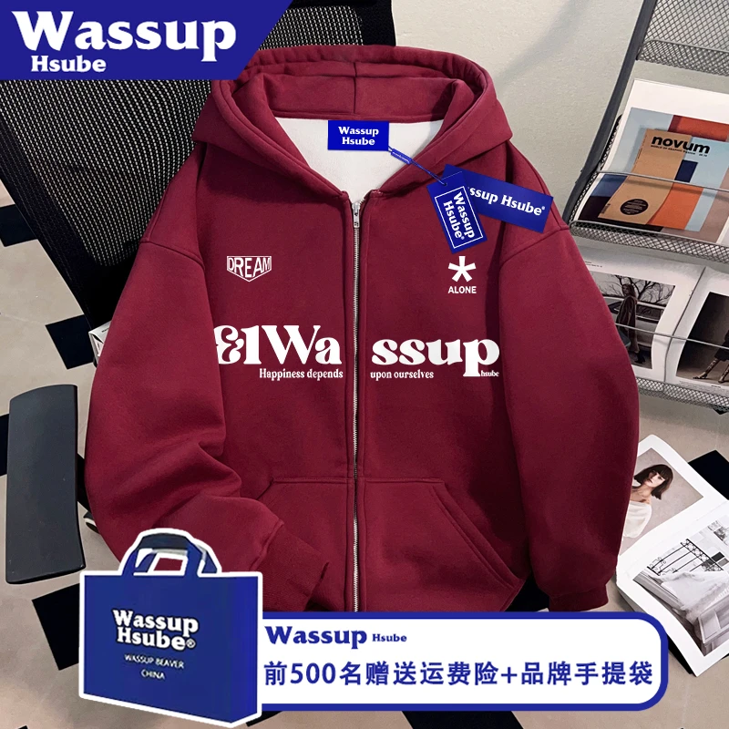 WASSUP HSUBE潮牌休闲秋开衫男女酒红色连帽外套字母印花拉链卫衣