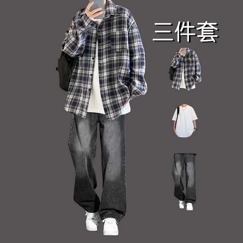 美式复古格子衬衫男套装潮长袖春款宽松三件套痞帅外套穿搭牛仔裤