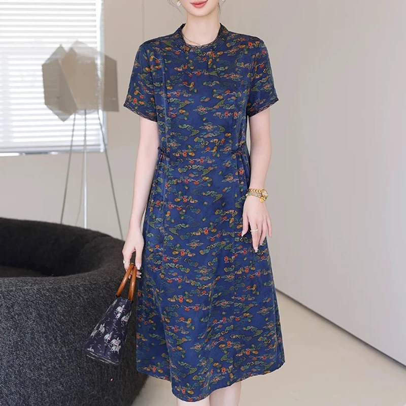 香云纱花萝收腰显瘦连衣裙精致刺绣立领红云纱桑蚕丝中长裙 长112