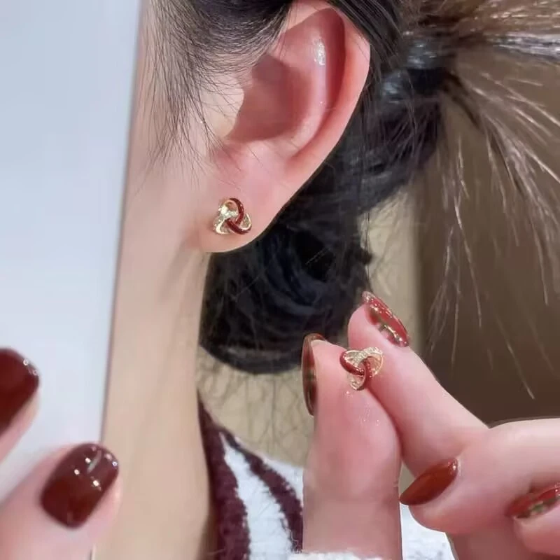 合金耳饰 925银针耳饰红色三角耳钉女小众设计感闪钻耳环气质耳饰