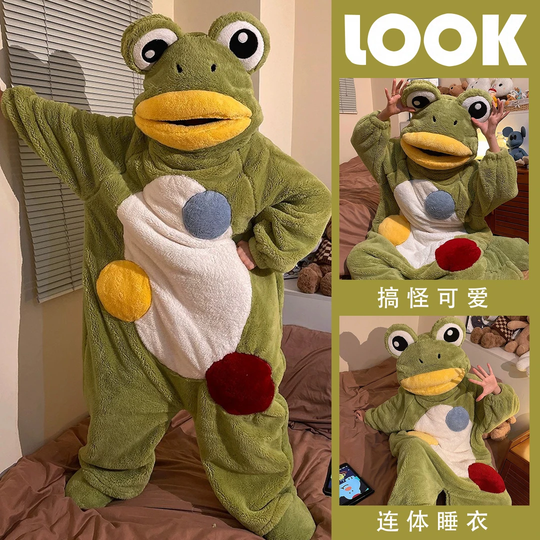 卡通搞怪青蛙连体睡衣女珊瑚绒冬季加绒加厚家居服连帽保暖家居服