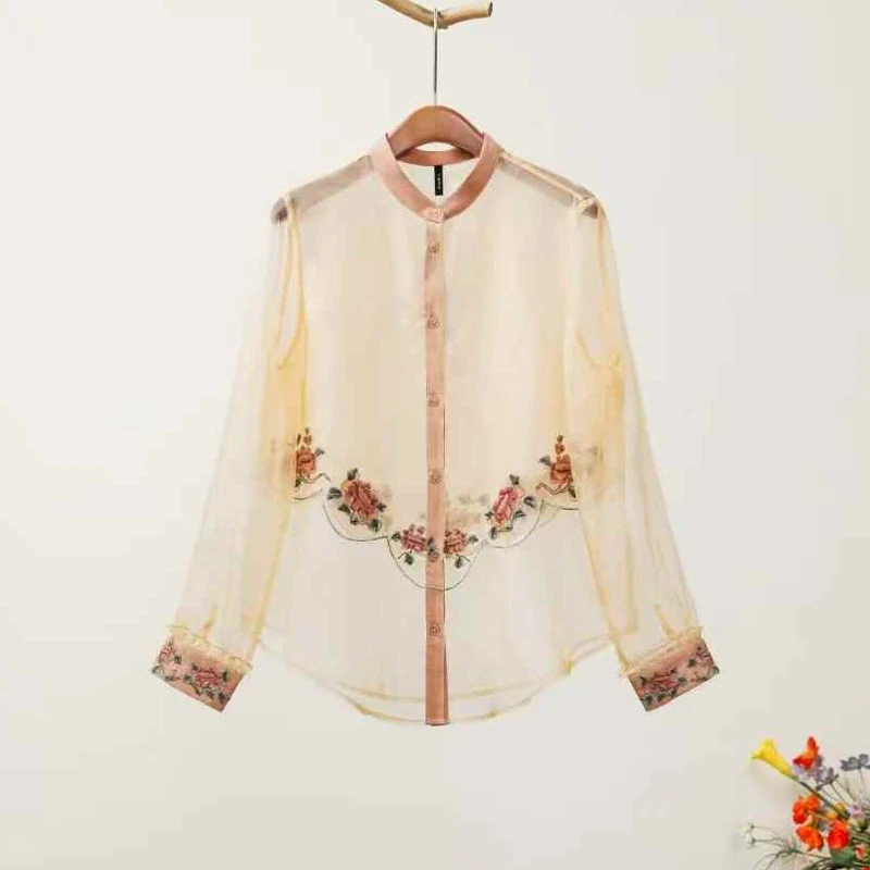 2025千椿物禧夏季中式国风夏季100桑蚕丝刺绣海螺橙长袖宽松衬衫